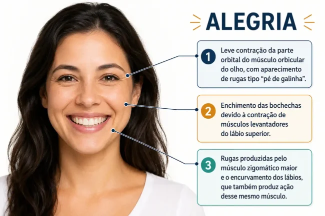 Mulher sorrindo com indicações visuais sobre olhos, bochechas e boca na expressão facial de alegria.