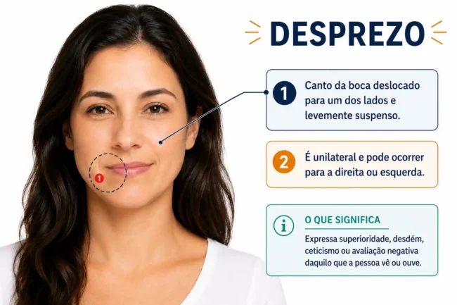 Mulher com expressão facial de desprezo, com indicação visual sobre elevação unilateral do canto da boca e assimetria da expressão.