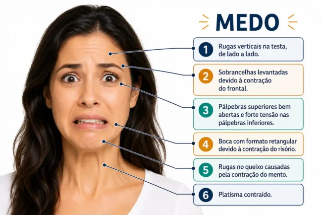Mulher com expressão facial de medo, com indicações visuais sobre testa, sobrancelhas, olhos, boca, queixo e pescoço.