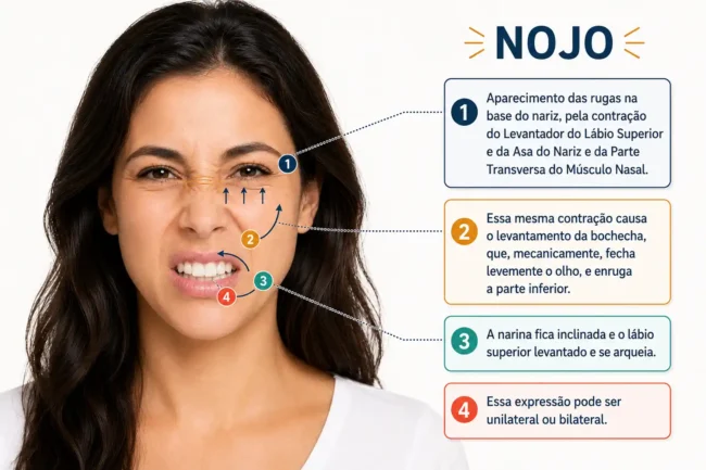 Mulher com expressão facial de nojo, com indicações visuais sobre nariz enrugado, bochecha elevada, lábio superior levantado e assimetria da boca.