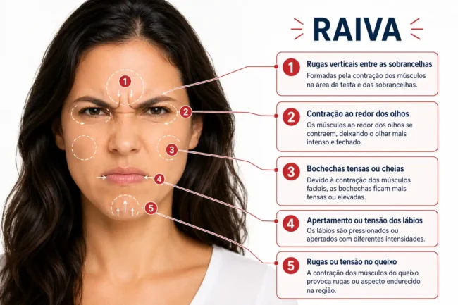 Mulher com expressão facial de raiva, com indicações visuais sobre sobrancelhas contraídas, olhos tensionados, bochechas, lábios e queixo.