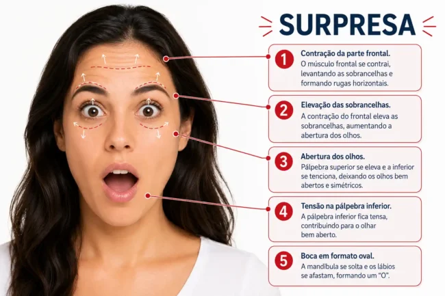 Mulher com expressão facial de surpresa, com indicações visuais sobre testa, sobrancelhas, olhos, pálpebras e boca em formato oval.