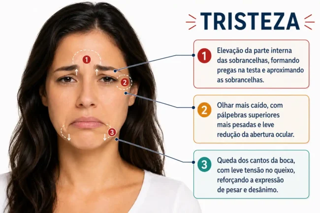 Mulher com expressão facial de tristeza, com indicações visuais sobre sobrancelhas elevadas, olhar caído e cantos da boca voltados para baixo.