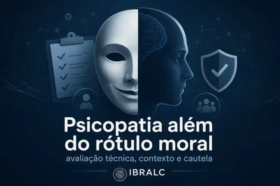 Imagem destacada sobre psicopatia além do rótulo moral, com máscara, perfil humano, checklist técnico e ícone de proteção.