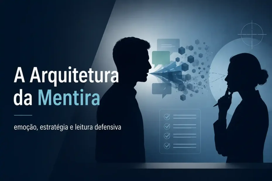 Imagem destacada sobre arquitetura da mentira, com duas silhuetas em interação, fragmentos de fala, checklist analítico e leitura defensiva.