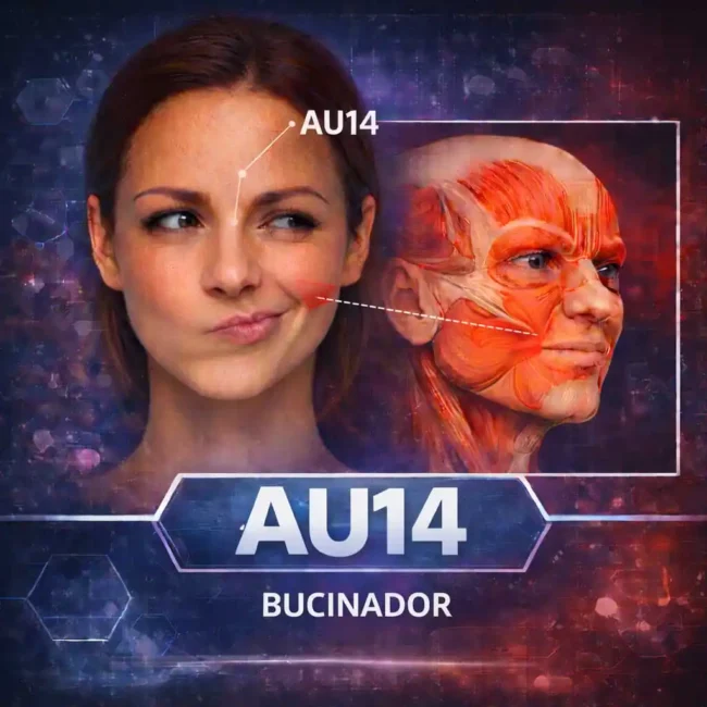 AU14 na anatomia facial mostrando o bucinador segundo o FACS e sua relação com microexpressões e leitura emocional
