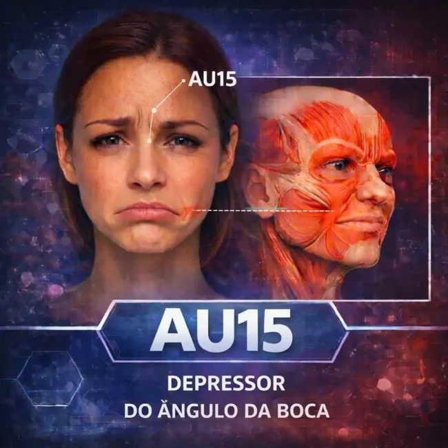 AU15 na anatomia facial mostrando o depressor do ângulo da boca segundo o FACS e sua relação com microexpressões e leitura emocional