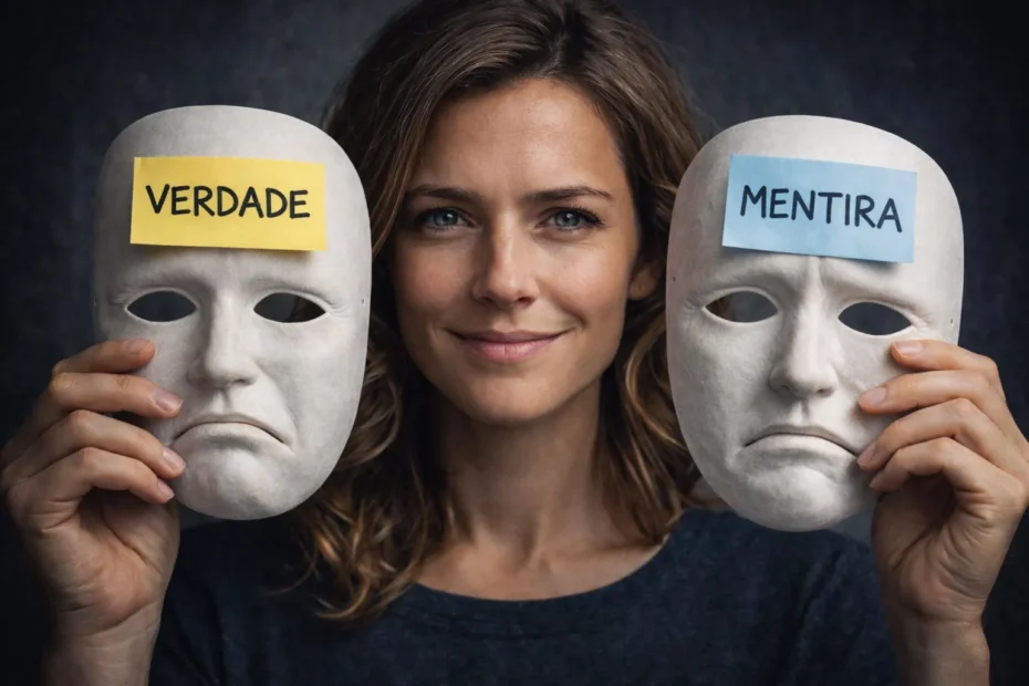 Mulher segura duas máscaras rotuladas como verdade e mentira, com leve sorriso contido, ilustrando o conflito interno ao tentar parar de mentir