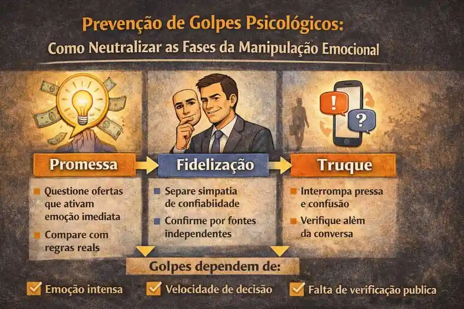 Infográfico sobre prevenção de golpes psicológicos mostrando as fases promessa, fidelização e truque na manipulação emocional