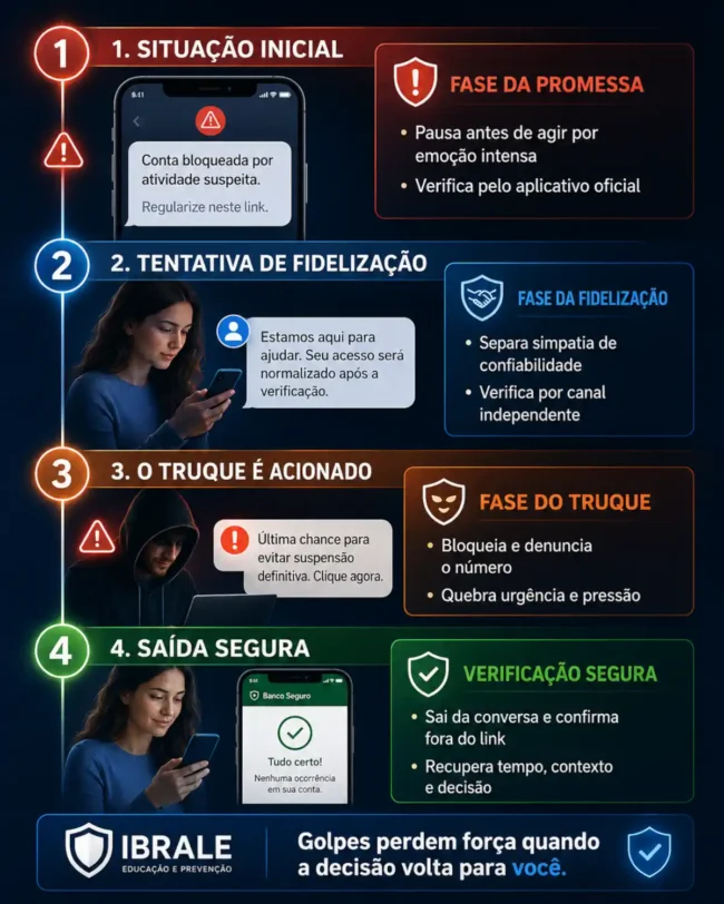 Infográfico do IBRALE mostra quatro etapas para reconhecer golpes psicológicos: promessa, fidelização, truque e verificação segura.