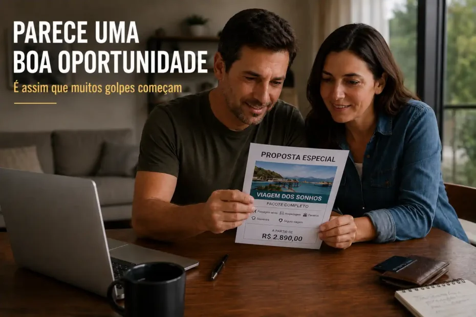 Casal observa uma proposta de viagem apresentada como boa oportunidade, em cena sobre promessas usadas no início de golpes.