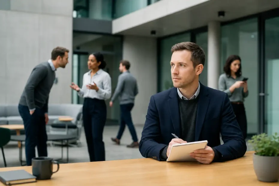 Homem em ambiente corporativo observando interações no trabalho enquanto faz anotações, em cena sobre percepção social e leitura prudente de contextos.