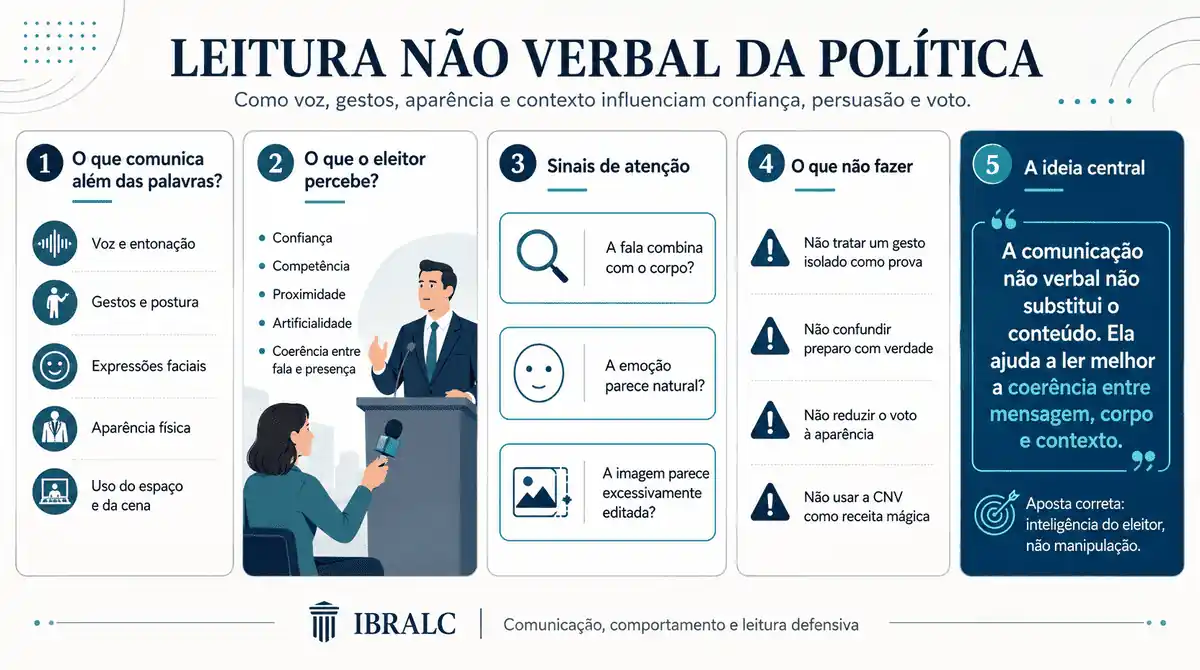 Infográfico sobre leitura não verbal da política, com blocos sobre voz, gestos, aparência, contexto, confiança do eleitor e cautela interpretativa.