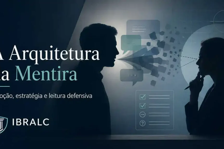 Imagem destacada sobre arquitetura da mentira, com duas silhuetas em interação, fragmentos de fala, checklist analítico e leitura defensiva.