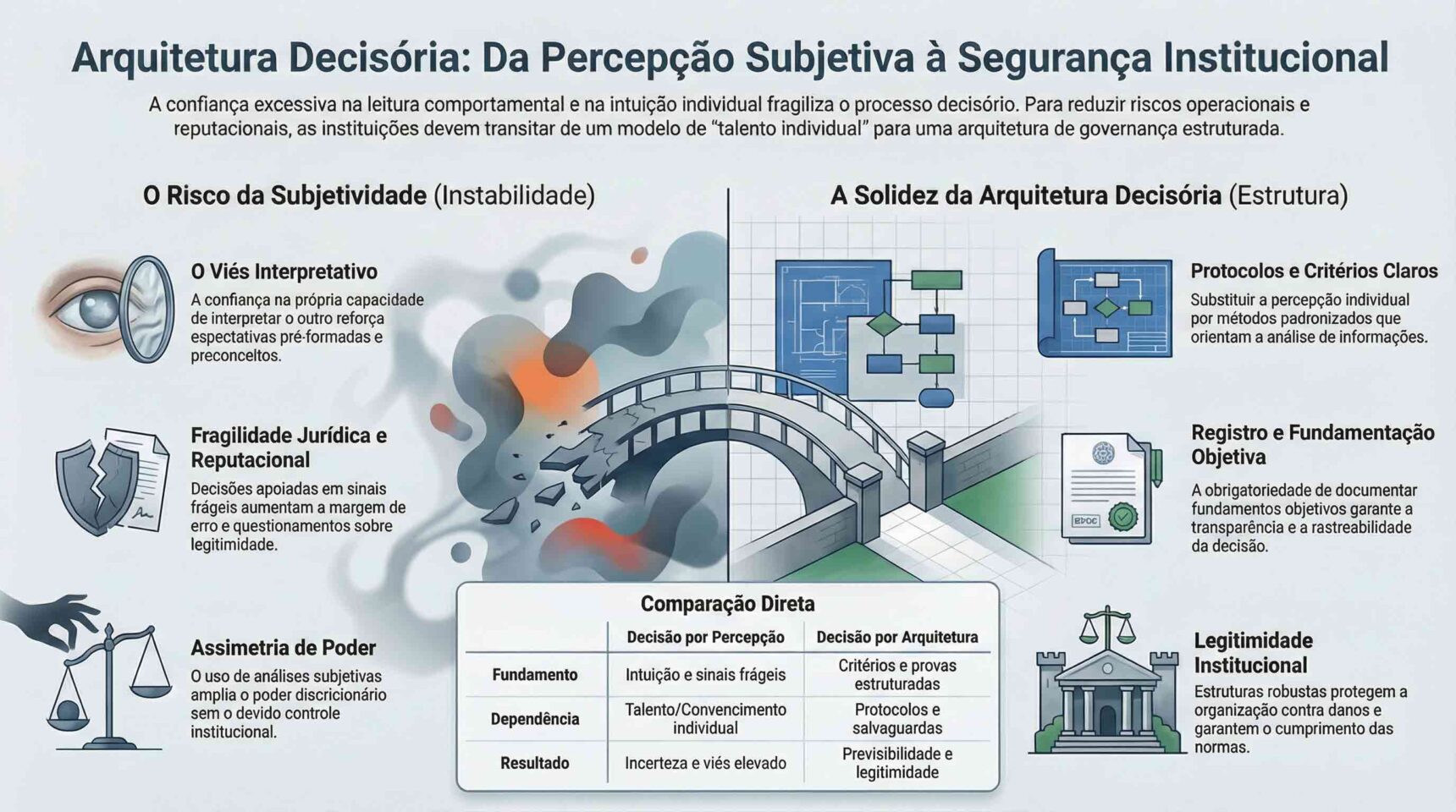 Infográfico sobre arquitetura decisória institucional comparando decisão baseada em percepção subjetiva e decisão estruturada por protocolos e critérios objetivos.