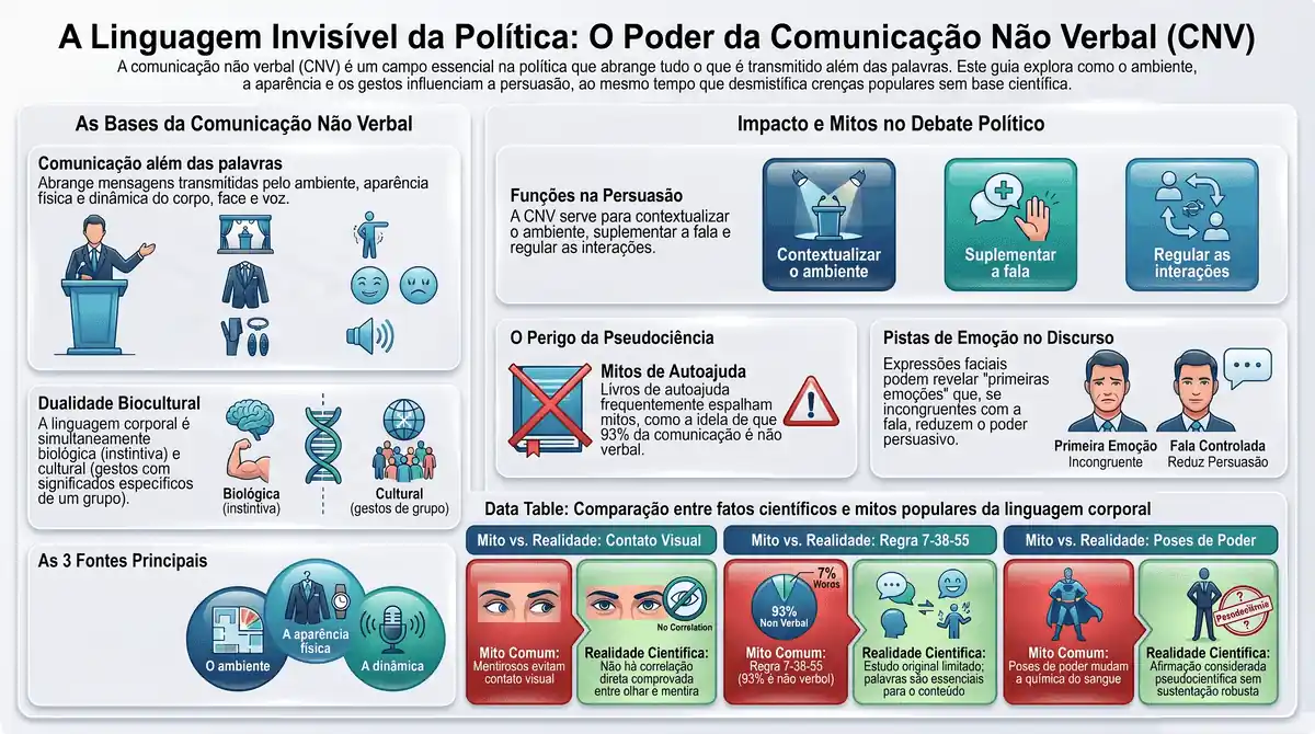 Infográfico sobre comunicação não verbal na política, com exemplos de ambiente, aparência, gestos, emoções faciais e mitos da linguagem corporal.