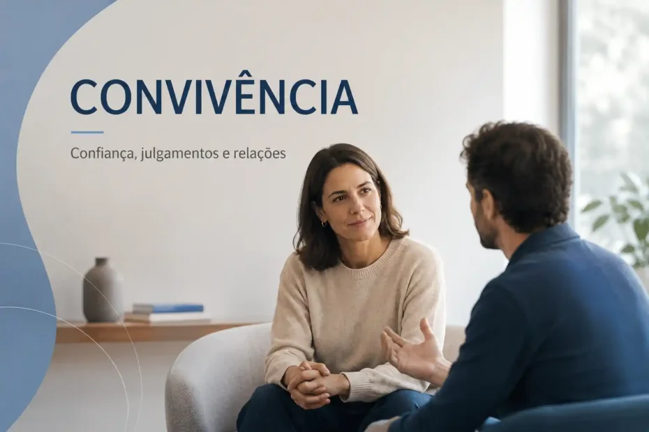 Duas pessoas conversando em ambiente claro, representando convivência, confiança, julgamentos e relações cotidianas