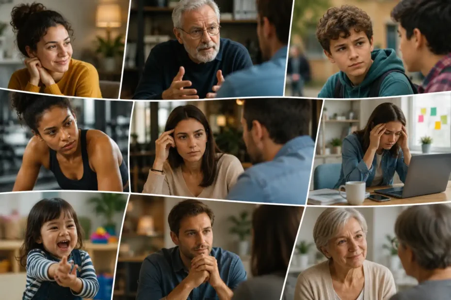 Colagem com pessoas de diferentes idades em situações cotidianas, representando corpo, emoções, expressões faciais e percepção prudente