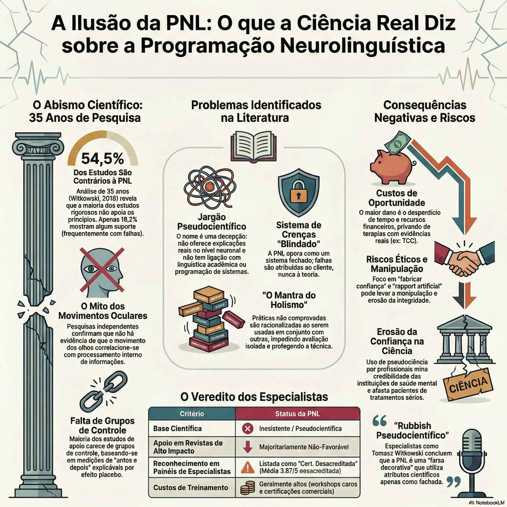 Infográfico apresentando críticas à PNL, destacando ausência de base científica, falta de evidências empíricas, riscos éticos e classificação como pseudociência.