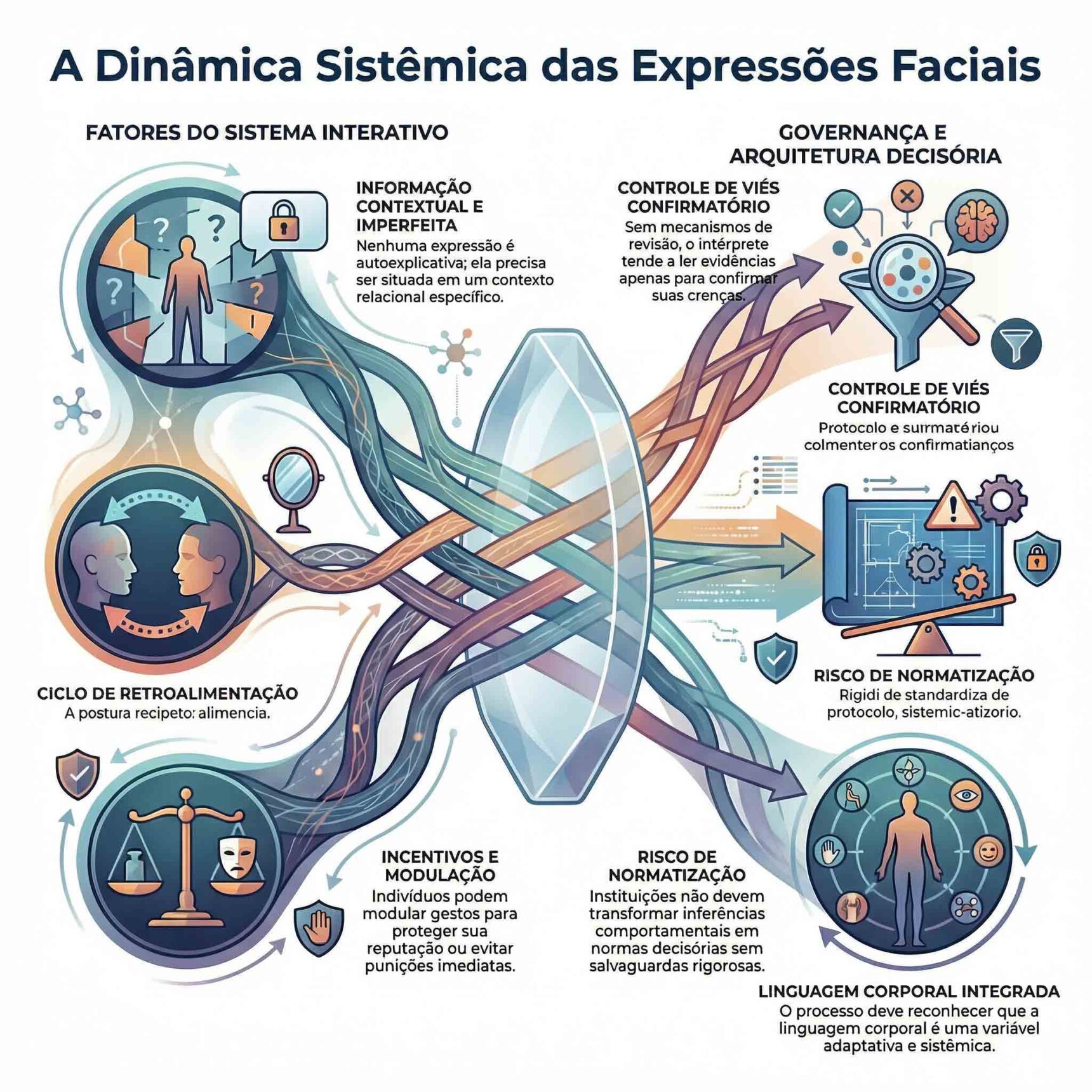 Infográfico mostrando dinâmica sistêmica das expressões faciais, governança da interpretação, controle de viés confirmatório e arquitetura decisória.