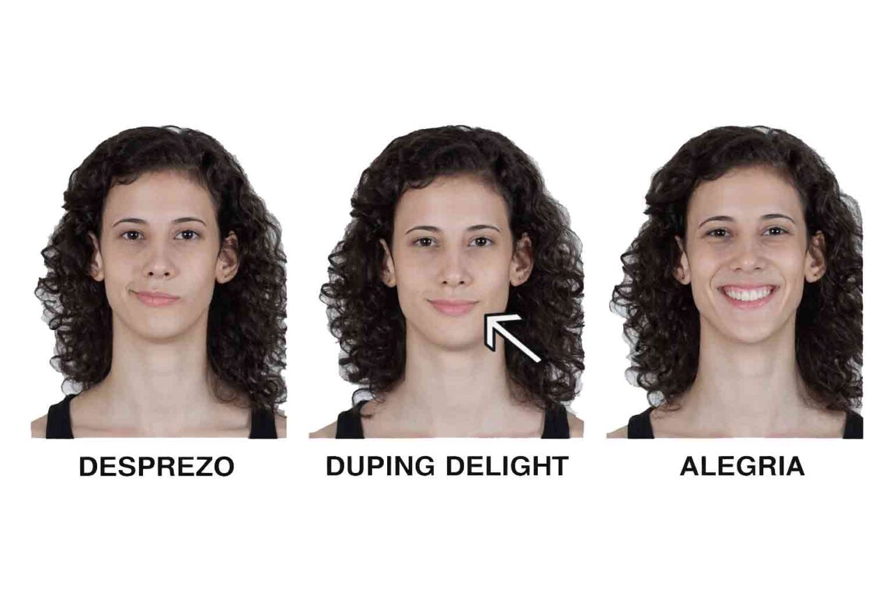 Comparação visual entre expressões faciais de alegria, desprezo e duping delight destacando diferenças emocionais sutis. Emoção aversiva