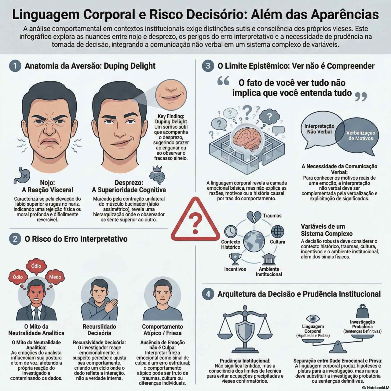 Infográfico sobre erro interpretativo na decisão institucional mostrando linguagem corporal, viés emocional, limite epistêmico e arquitetura da decisão em sistemas complexos.