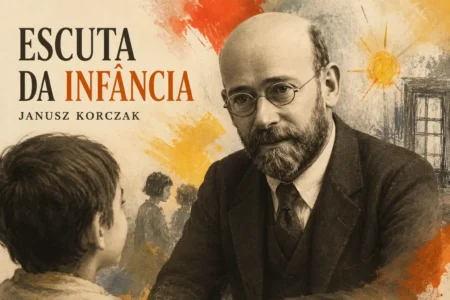 Imagem destacada sobre escuta da infância, com Janusz Korczak ouvindo uma criança em composição editorial sobre autoridade adulta.
