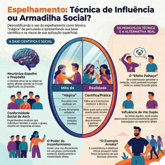 Infográfico do IBRALC sobre espelhamento na persuasão, conformidade social e os riscos de transformar imitação em promessa de influência.