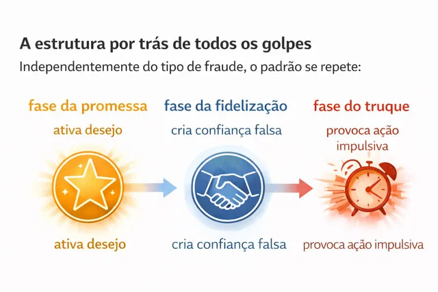 Infográfico mostrando a estrutura dos golpes psicológicos com as fases da promessa, fidelização e truque, destacando desejo, confiança falsa e ação impulsiva.