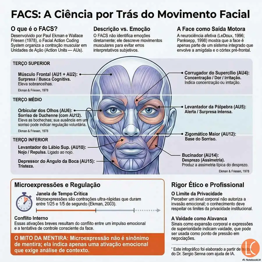 Infográfico FACS anatomia facial mostrando unidades de ação, músculos faciais e microexpressões aplicadas à análise comportamental no Brasil