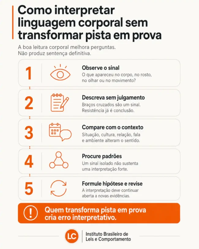 Infográfico mostra cinco etapas para interpretar linguagem corporal com prudência: observar o sinal, descrever sem julgamento, comparar com o contexto, procurar padrões e revisar hipóteses.