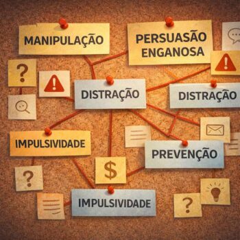 Quadro ilustrativo mostrando a relação entre manipulação psicológica, persuasão enganosa, distração e impulsividade em golpes, com foco em prevenção.