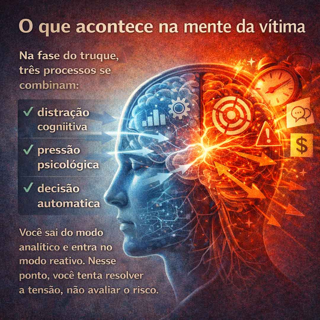 Ilustração mostrando a mente da vítima na fase do truque, com distração cognitiva, pressão psicológica e decisão automática substituindo a análise de risco.