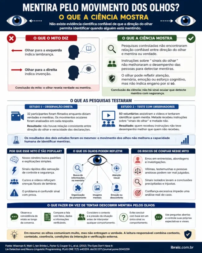 Infográfico compara o mito de que o movimento dos olhos revela mentira com evidências científicas que não confirmam essa relação.