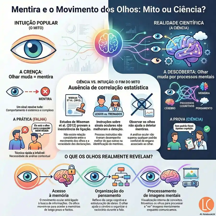 Mentira e movimento dos olhos mito ou ciência infográfico explicando ausência de correlação estatística entre olhar e detecção de mentira