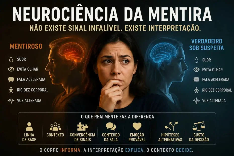 Sinais corporais podem parecer iguais em quem mente e em quem diz a verdade sob suspeita. O contexto decide o peso da interpretação.