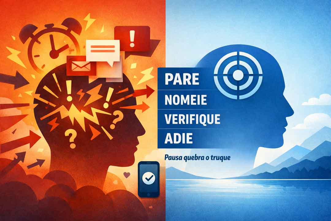 Ilustração sobre como neutralizar a fase do truque em golpes psicológicos, destacando pausa, foco da atenção e verificação antes da decisão.