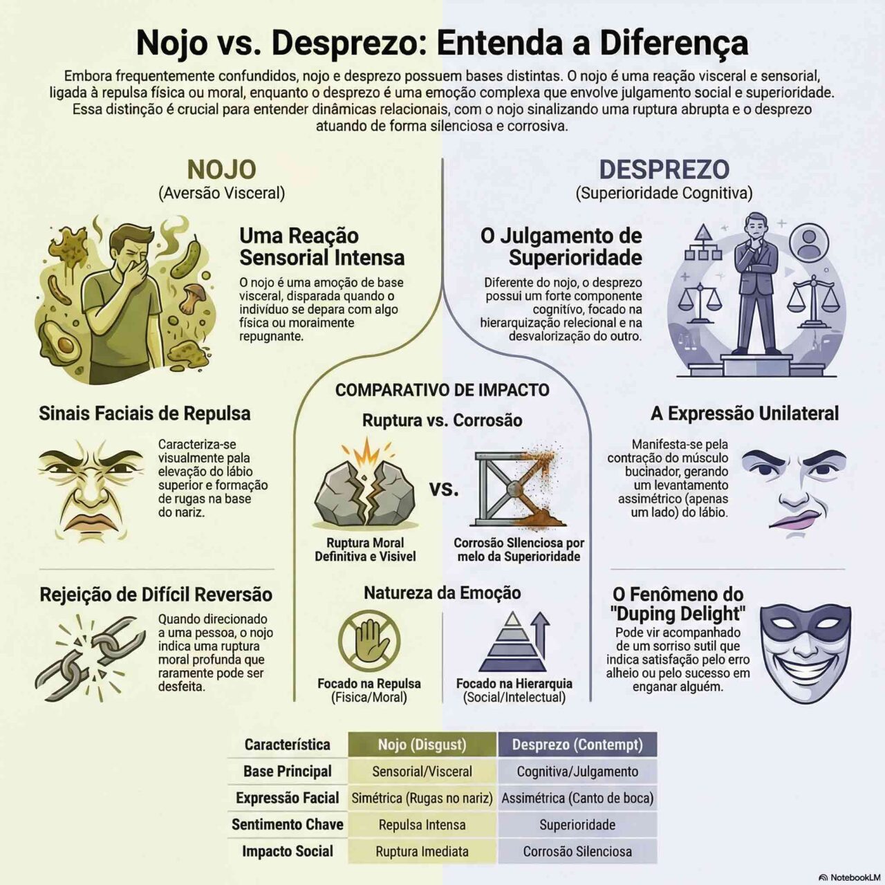 Infográfico comparando nojo e desprezo, destacando diferenças emocionais, expressões faciais e impacto social. Emoção aversiva