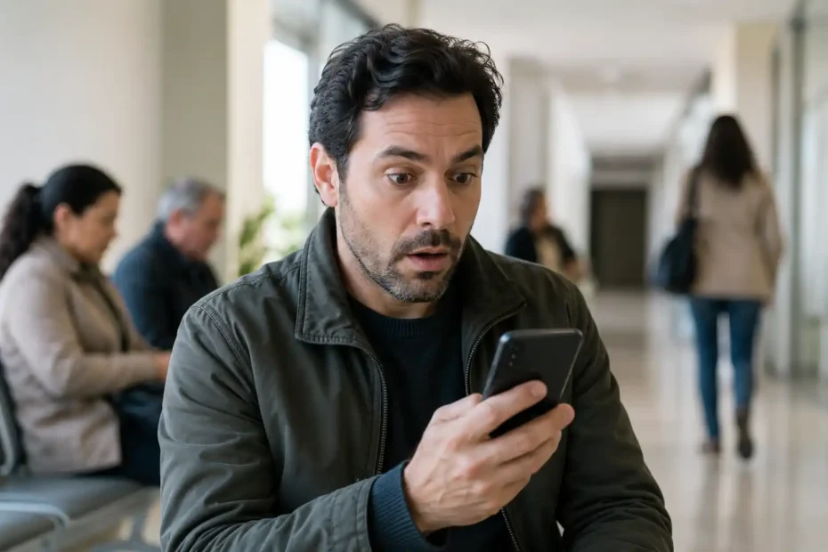 Homem olhando o celular com expressão de espanto em corredor de espera, sugerindo pausa antes de compartilhar uma notícia.