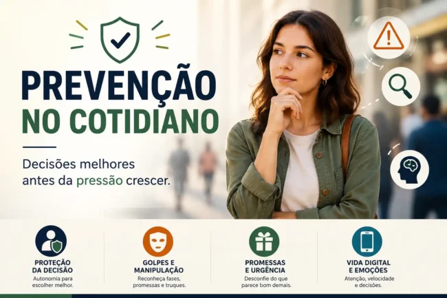 Mulher pensativa diante de placas sobre proteção da decisão, golpes, promessas, manipulação emocional e vida digital