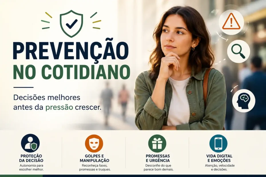 Mulher pensativa diante de placas sobre proteção da decisão, golpes, promessas, manipulação emocional e vida digital