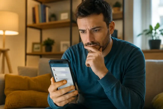 Homem olhando mensagem no celular antes de compartilhar, sugerindo dúvida e proteção da decisão diante de fake news.
