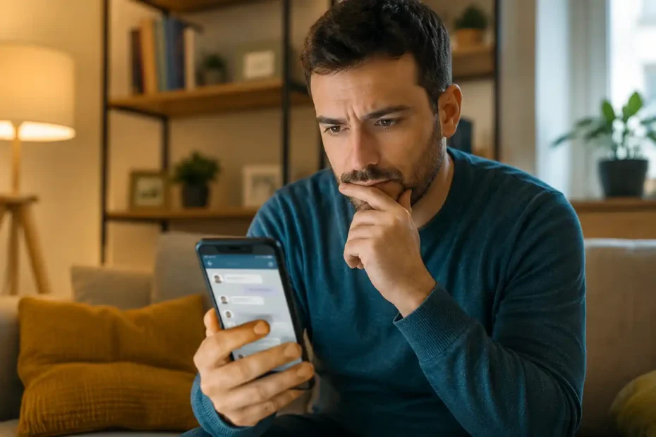 Homem olhando mensagem no celular antes de compartilhar, sugerindo dúvida e proteção da decisão diante de fake news.