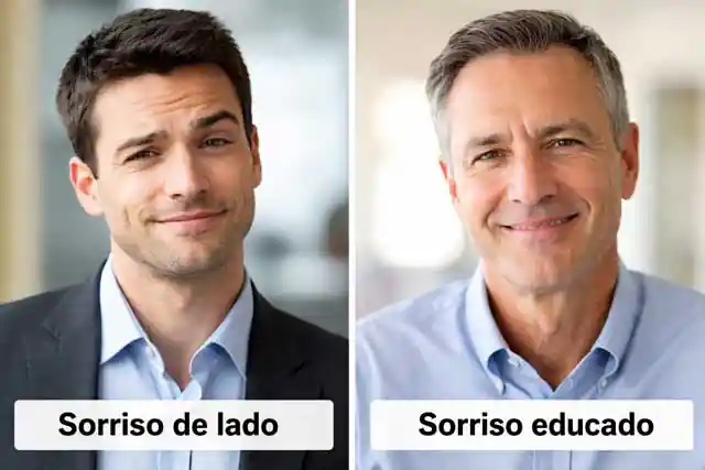 Comparação entre sorriso de lado e sorriso educado ilustrando tipos de sorriso fechado e análise de expressões faciais