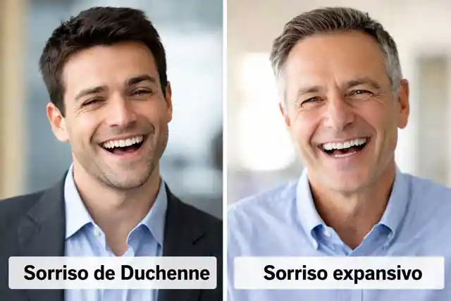 Comparação entre sorriso de Duchenne e sorriso expansivo mostrando diferença na ativação muscular facial e expressão emocional