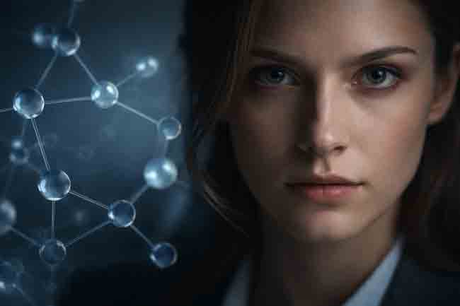 Mulher com expressão neutra sob iluminação lateral e sobreposição molecular representando interferência farmacológica na análise comportamental