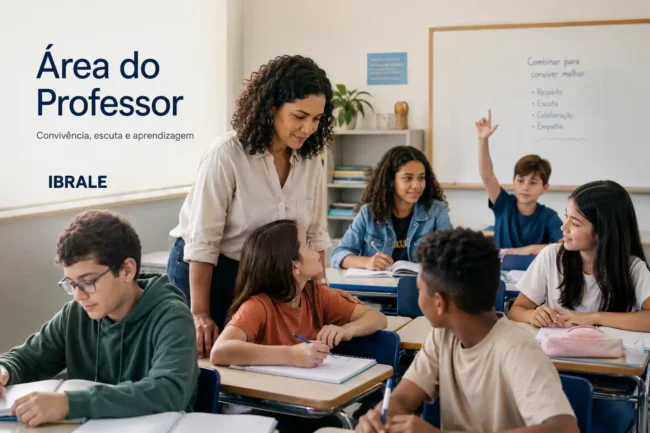 Professora acompanha estudantes em sala de aula na Área do Professor, dedicada à convivência, escuta, emoções e aprendizagem.
