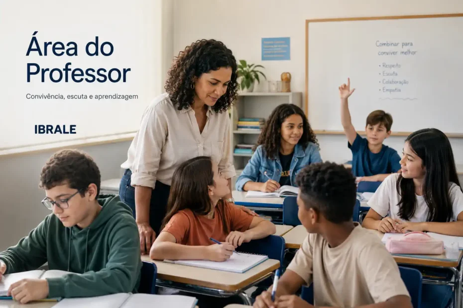 Professora acompanha estudantes em sala de aula na Área do Professor, dedicada à convivência, escuta, emoções e aprendizagem.