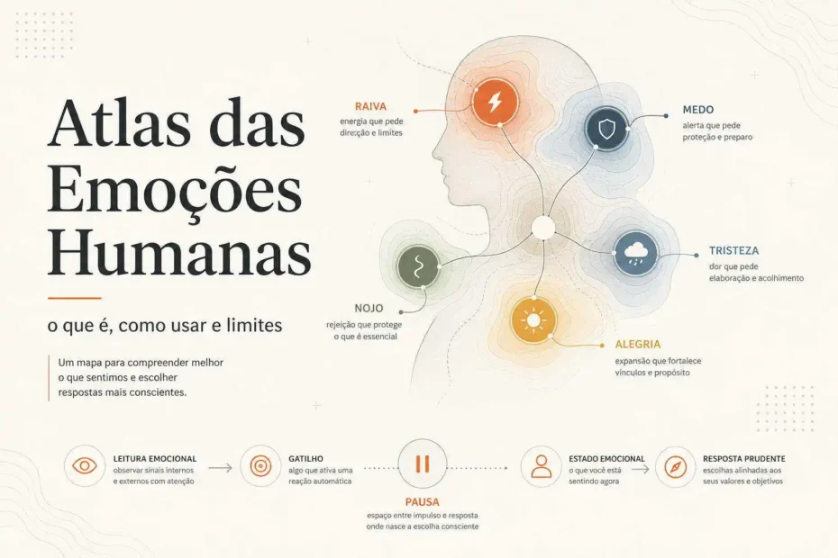 Imagem destacada do artigo Atlas das Emoções Humanas, com mapa emocional, cinco emoções, gatilho, estado emocional e resposta prudente.