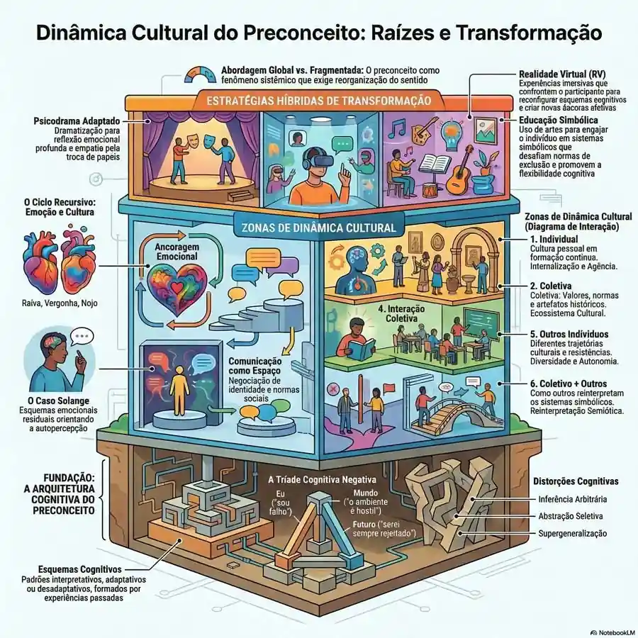 Infográfico conceitual mostrando a dinâmica cultural do preconceito e suas raízes cognitivas, emocionais e sociais em sistemas sociais complexos.